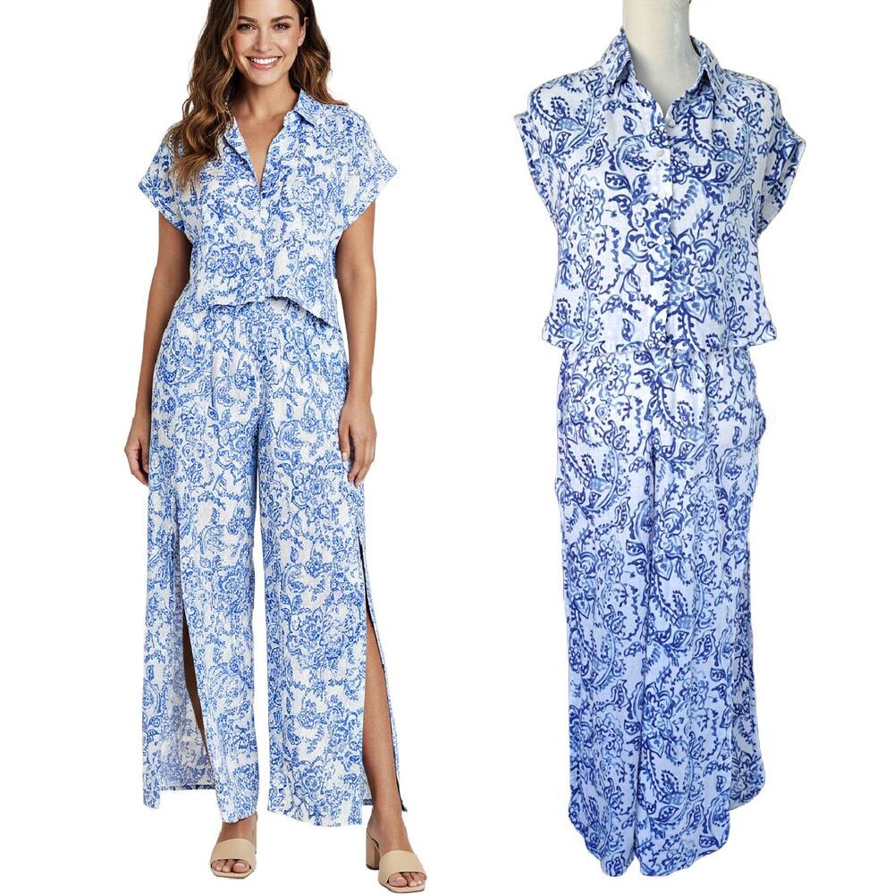 New CAROLINE CONSTAS Linen Beach Top Pant 2-Piece Set Small Resort Blue Floral
